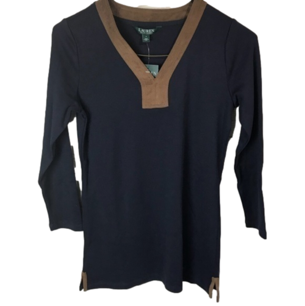 LRL | Faux Suede Trim V-Neck Navy Top Small